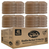 Box of HiveAlive Max Boost 15% Pollen Patties with multiple patties stacked above it on a white background.